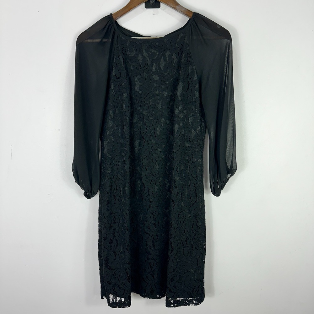 Adrianna Papell‎ 6 Black Lace Sheer Sleeve Dress Classic Elegant Cocktail Party